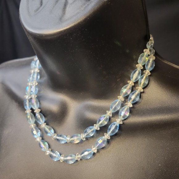 Vintage Necklace 16” West Germany Two Strand Mid Century Light Blue Clear Marked - Picture 1 of 8